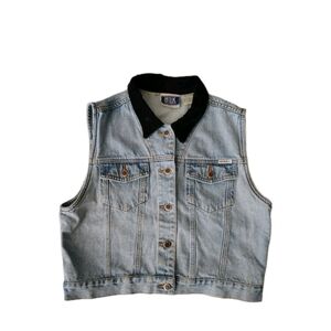 Y2k Vintage Bill Blass Light Blue Denim Vest with Black Velvet Collar M/L